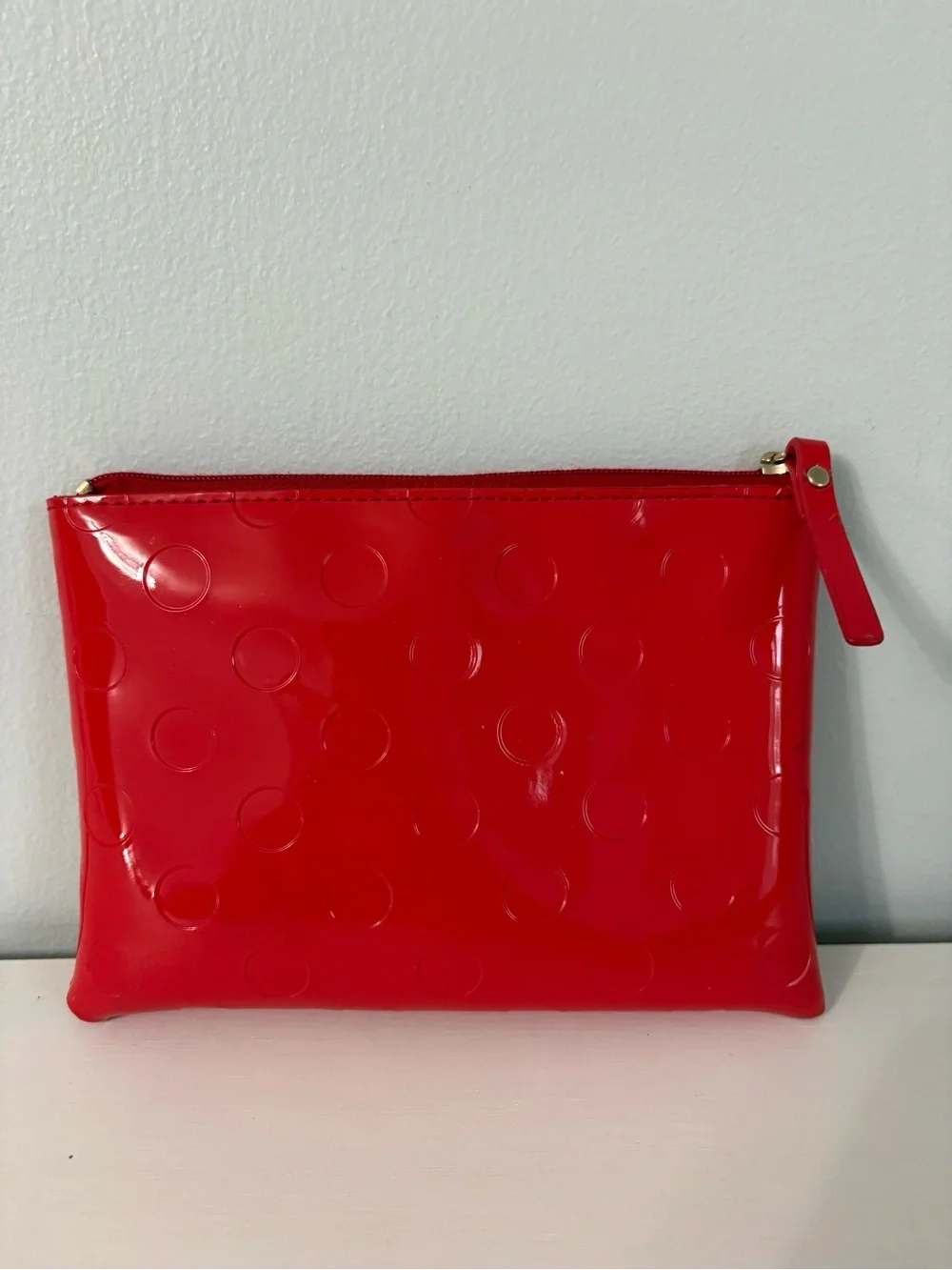 Kate Spade Camellia Street Mini Pouch Chili Red Polka Dot Patent Cosmetic Bag
